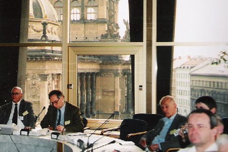 From left: Lewis Coulborn, Tibor Szilagyi, Luigi Cobisi, Bent Nielsen, Christopher Lewis and Edward Dunne at the EDXC Conference. Outside the window is the National Museum of Prague.